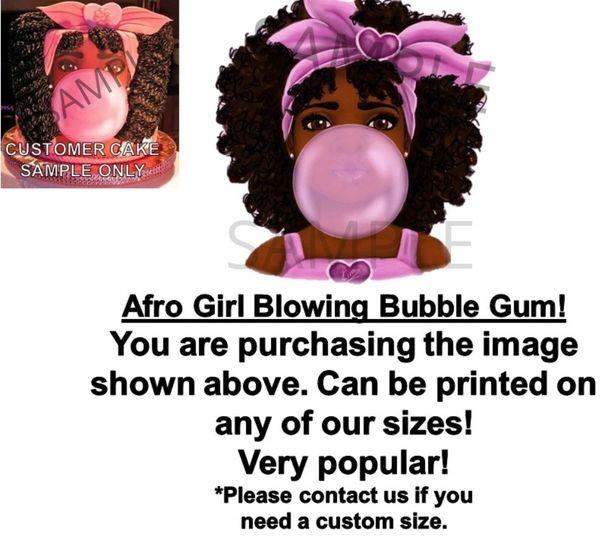 Afro Girl Blowing Bubble Gum EDIBLE Cake Topper Image Afro Girl Cake Bubble Gum