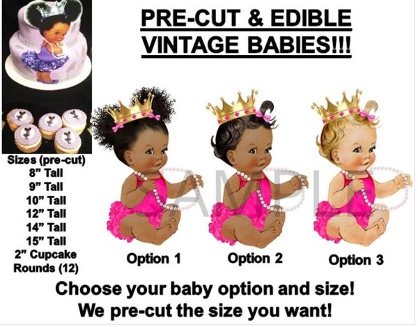 PRE-CUT Hot Pink and Gold Crown Sitting Baby Girl EDIBLE Cake Topper Image Afro Puffs Ballerina