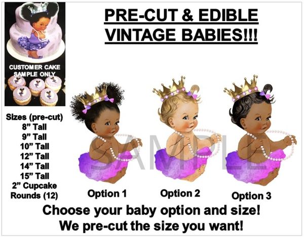 Pre-Cut Purple Pink Sitting Baby Girl EDIBLE Cake Topper Image Afro Puffs Baby Cake