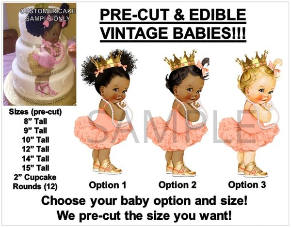 Pre-Cut Peach and Gold Sneakers Princess Baby EDIBLE Cake Image Ballerina Gold Crown