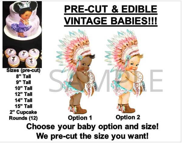 Pre-Cut Native American Tribal Headdress Boho Vintage Baby Girl EDIBLE Cake Topper Image Feathers Boho