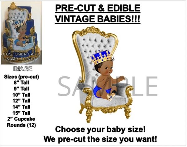 PRE-CUT Royal Blue and Gold Little Prince Throne EDIBLE Cake Topper Image Prince 