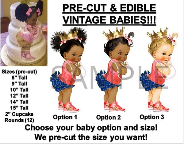 PRE-CUT Coral and Navy Blue Ruffle Pants Baby Girl EDIBLE Cake Topper Image Afro Puffs