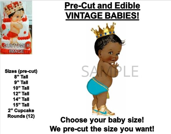 PRE-CUT Afro Prince Wearing Sneakers EDIBLE Cake Topper Image Turquoise Gold Diaper Gold Crown