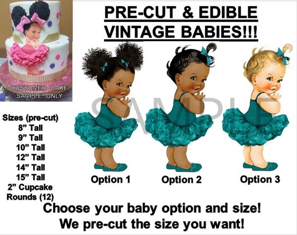 PRE-CUT Teal Blue Green Ruffle Pants Vintage Baby EDIBLE Cake Topper Image Afro Puffs