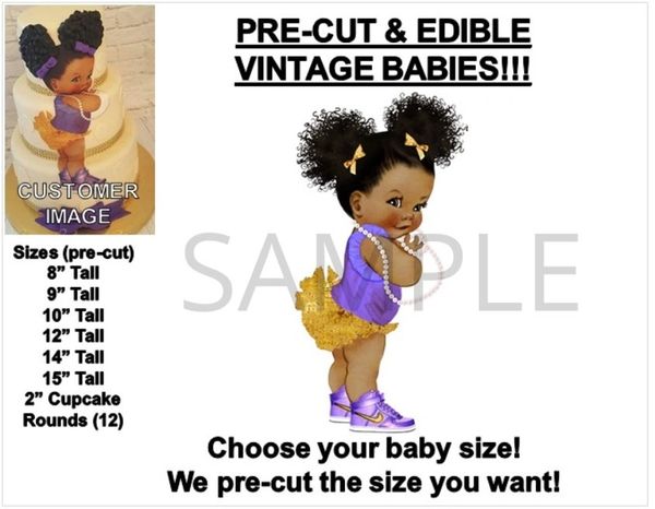 PRE-CUT Purple Shirt Gold TuTu Afro Puffs Baby EDIBLE Cake Topper Image Baby Shower Cake Ideas