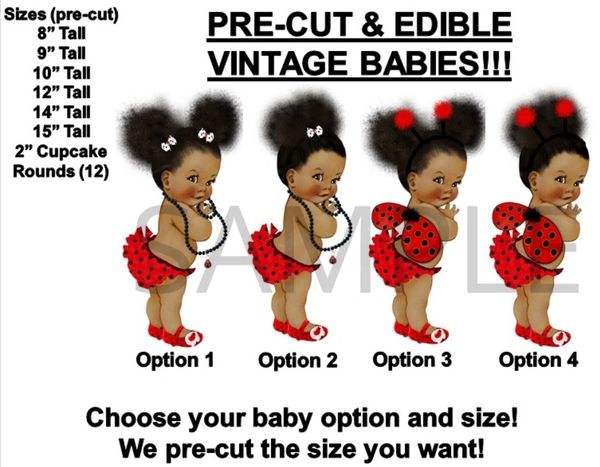 Pre-Cut PRE-CUT Ladybug Wings Afro Puffs Bun Vintage Baby Girl EDIBLE Cake Topper Image
