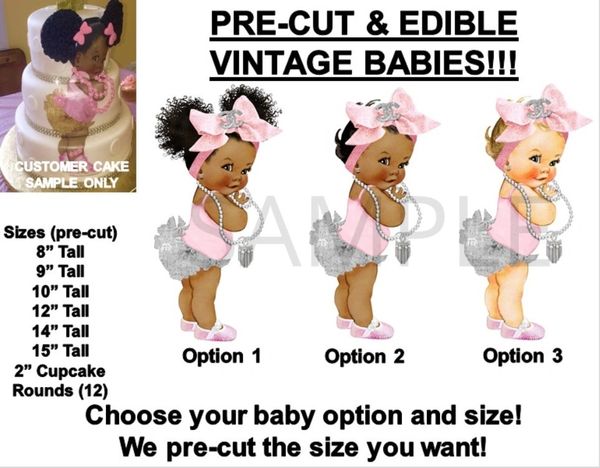 PRE-CUT Silver Ruffles Pink Head Bow Baby Girl EDIBLE Cake Topper Image Glamour