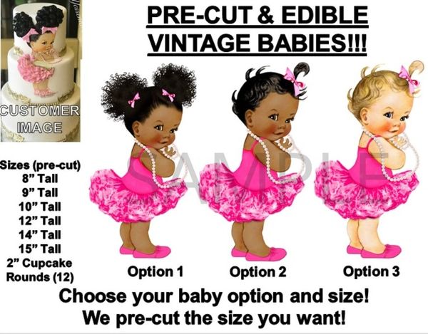 9 Tall African American Afro Baby Girl Princess Pink Tutu Image Edible Frosting Cake Topper 