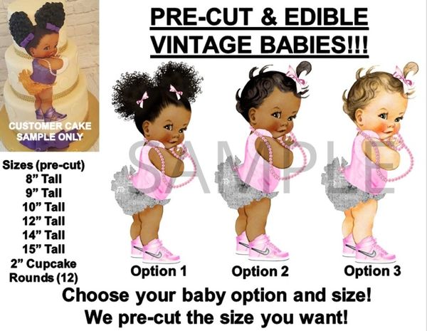 PRE-CUT Vintage Baby Silver Ruffles Pink Shoes EDIBLE Cake Topper Image Afro Puffs Cake