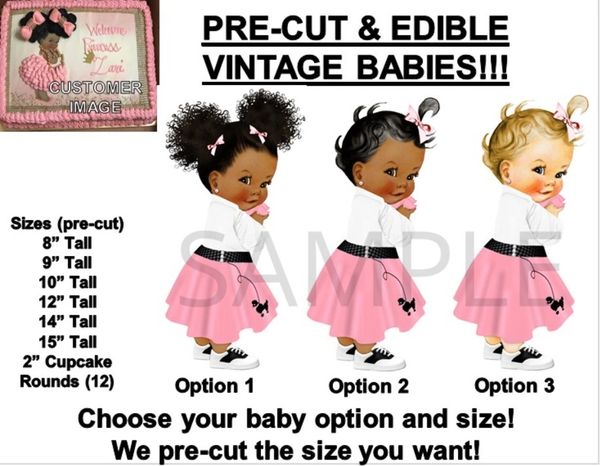 PRE-CUT 50's Pink Ladies Pink Poodle Skirt Baby EDIBLE Cake Topper Image