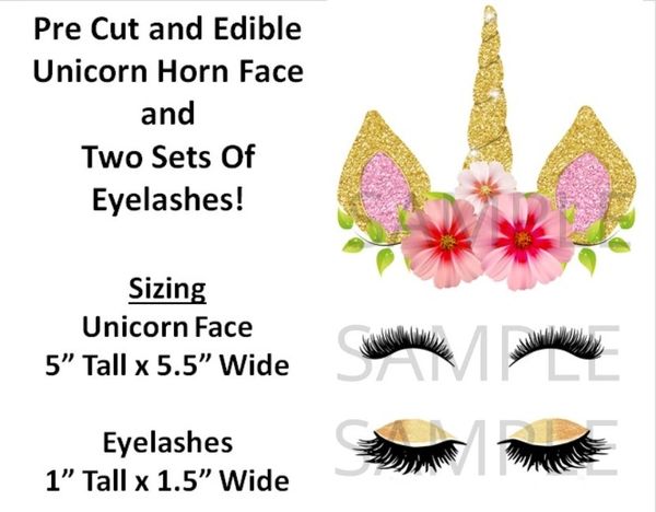 Pre-Cut Unicorn Horn Face Eyelashes EDIBLE Cake Stickers Topper Cake Decoration