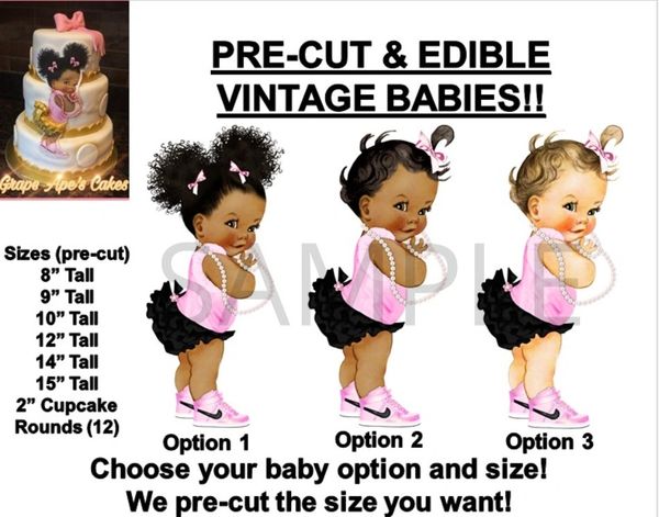 PRE-CUT Pink Black Ruffle Pants Vintage Baby EDIBLE Cake Topper Image Afro Puffs