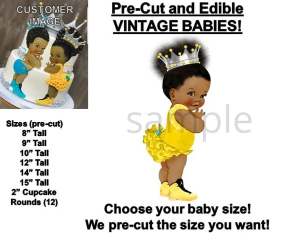 PRE-CUT Yellow and Silver Crown Afro Bun Baby EDIBLE Cake Topper Image Princess