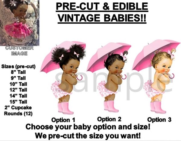 PRE-CUT Pink Umbrella Rain Boots Baby Girl EDIBLE Cake Topper Image Cupcakes