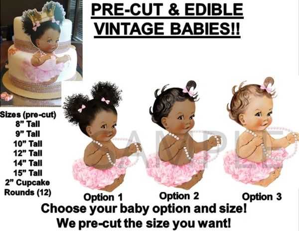 PRE-CUT Pink Tutu Sitting Baby EDIBLE Cake Topper Image Cupcakes Afro Puffs Baby