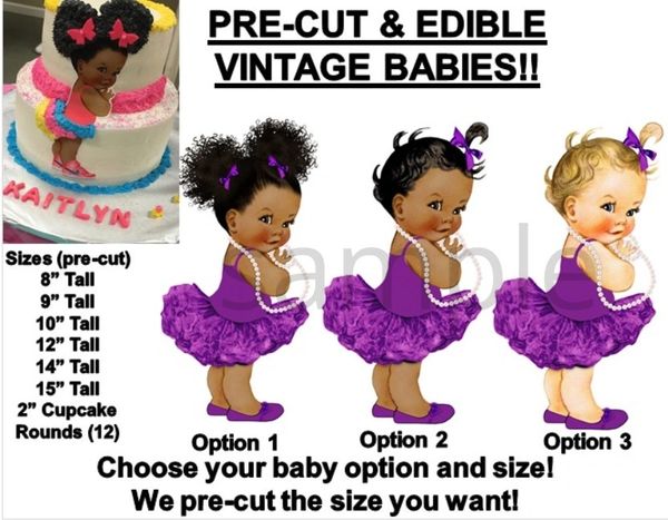 PRE-CUT Violet Purple Tutu Ballerina Baby EDIBLE Cake Topper Image Afro Puffs
