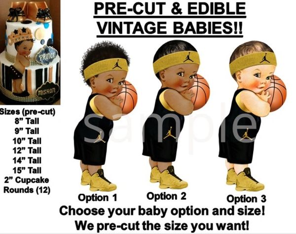 PRE-CUT Black and Gold Little Prince Baby Basketball EDIBLE Cake Topper Image