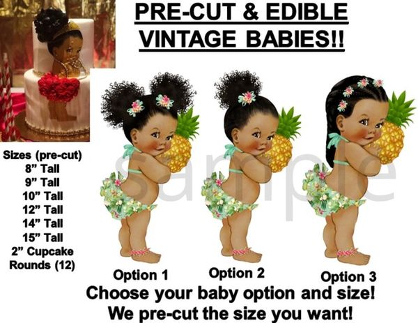PRE-CUT Tropical Afro Baby Girl Holding Pineapple EDIBLE Cake Topper Image Baby