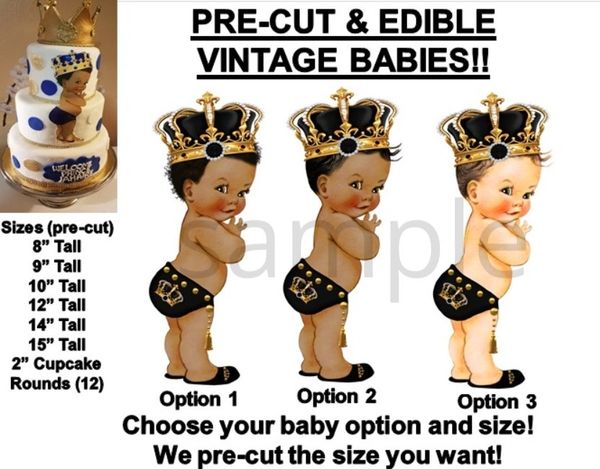 PRE-CUT Black and Gold Little Prince Studded Crown Baby EDIBLE Cake Topper Image