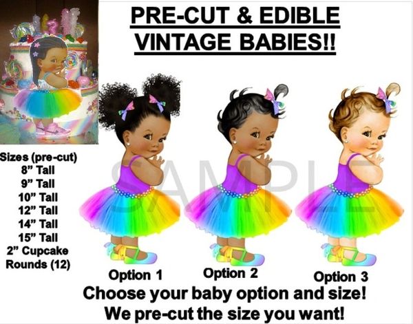 PRE-CUT Rainbow Tulle Party Dress Baby Girl EDIBLE Cake Topper Image Candy Girl