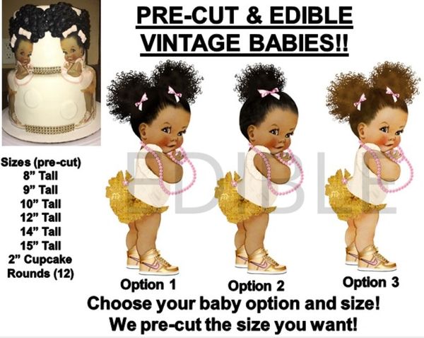 PRE-CUT Ivory Pink and Gold Babies of Color EDIBLE Cake Topper Image Cupcakes