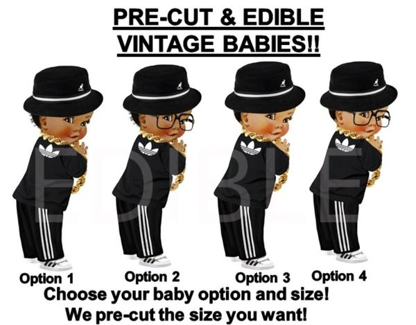 PRE-CUT 80's 90's Hip Hop Black and White Baby EDIBLE Cake Topper Image Cupcakes