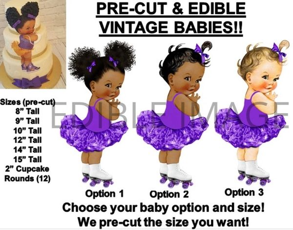PRE-CUT Roller Skates Purple Tutu Baby Girl EDIBLE Cake Topper Image Cupcakes