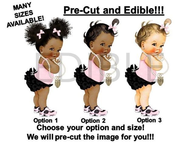 PRE-CUT Pink Black Ruffles Chanel Baby Girl EDIBLE Cake Topper Image