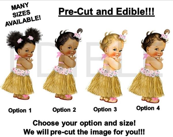 PRE-CUT Tropical Light Pink Hawaiian Luau Grass Skirt Baby EDIBLE Cake Topper Image Cupcakes