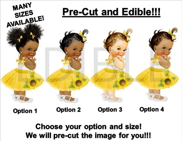 PRE-CUT Sunflower Yellow Tulle Party Dress Baby Girl EDIBLE Cake Topper Image Cupcakes