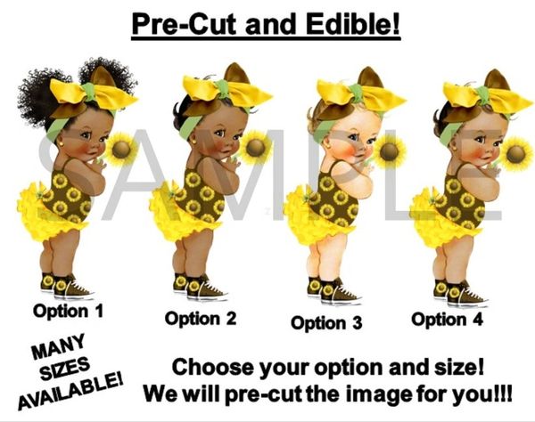 PRE-CUT Yellow Brown Green Baby Girl Sunflower Bow EDIBLE Cake Topper Image