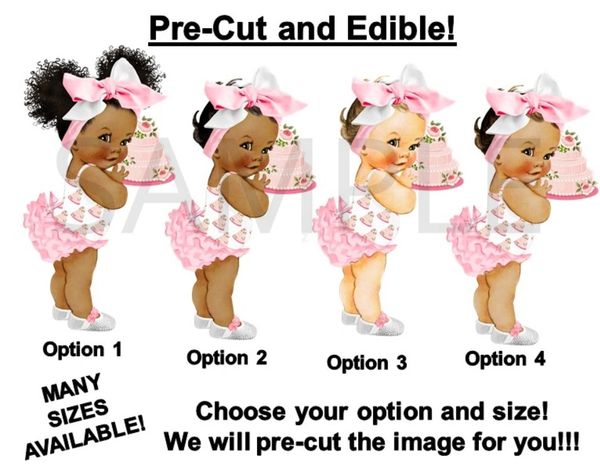 PRE-CUT Light Pink and White Baby Cakes Head Bow Baby Girl EDIBLE Cake Topper Image
