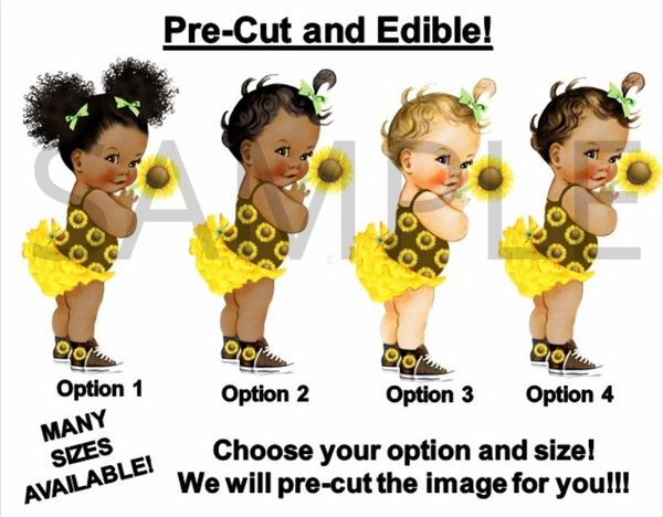 PRE-CUT Yellow Brown Green Sunflower Baby Girl EDIBLE Cake Topper Image