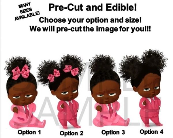 PRE-CUT African American Sassy Boss Baby Girl Pink Suit EDIBLE Cake Topper Image
