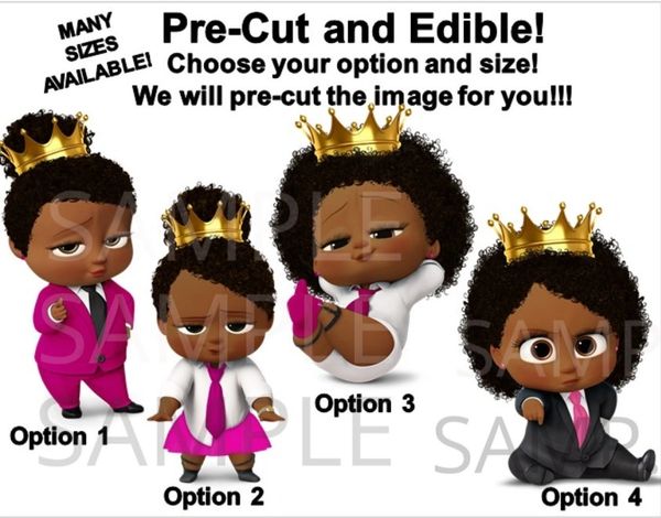 PRE-CUT Hot Pink Fuschia Black Royal African American Sassy Boss Baby Girl EDIBLE Cake Topper Cupcakes, Boss Baby Cupcakes, Royal Boss Baby