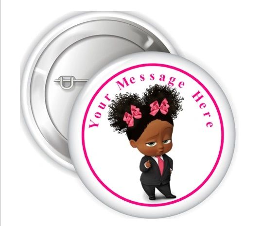 African American Boss Baby Girl Pink Bows Pinback Buttons, 2.25" Party Favor Pins Buttons, Boss Baby Girl Pin Buttons, Personalized Buttons