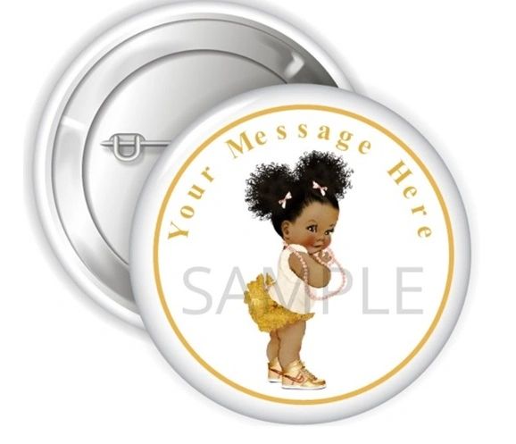 Ivory Gold Afro Puffs Baby Girl Pinback Buttons, 2.25" Party Favor Buttons, Baby Shower Pins Decorations, Personalized Buttons, Gold Ruffles