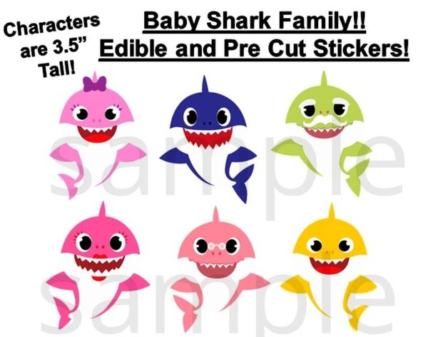 Baby Sharks Family Characters PRE CUT Stickers, Baby Shark Cake, Baby Shark Edible Decals, Baby Sharks Family, Edible Stickers for Desserts
