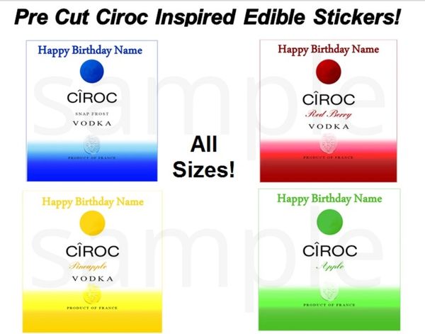 Pre Cut Ciroc Inspired Liquor Labels EDIBLE Cake Stickers Decals Cupcakes, Pineapple Red Berry Green Apple Blue Vodka Edible Labels Desserts