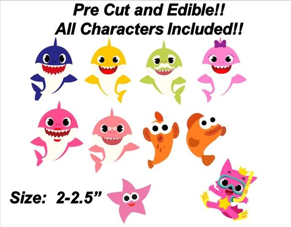 Baby Sharks and Friends Pink Wolf Fish PRE CUT Edible Stickers, Baby Shark Cake, Baby Shark Edible Decals, Baby Sharks Family, Baby Sharks