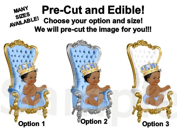 Pre Cut Light Blue Little Prince Baby Sitting on Throne EDIBLE Cake Image Cupcakes, Little Prince Cake Baby Shower Prince Throne Crown Gold