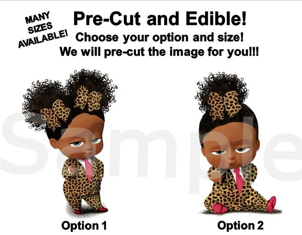 Pre Cut Cheetah Print Pink Tie Shoes African American Sassy Boss Baby Girl EDIBLE Cake Topper Cupcakes, Boss Baby Cake, Boss Baby Cheetah