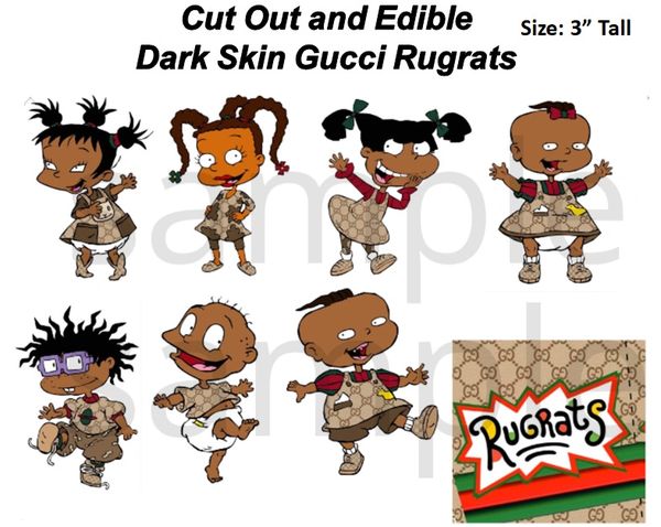 Pre Cut African American Gucci Rugrats Edible Cake Cupcake Stickers Decals, Rugrats Cake, Dark Skin Rugrats Gucci Print