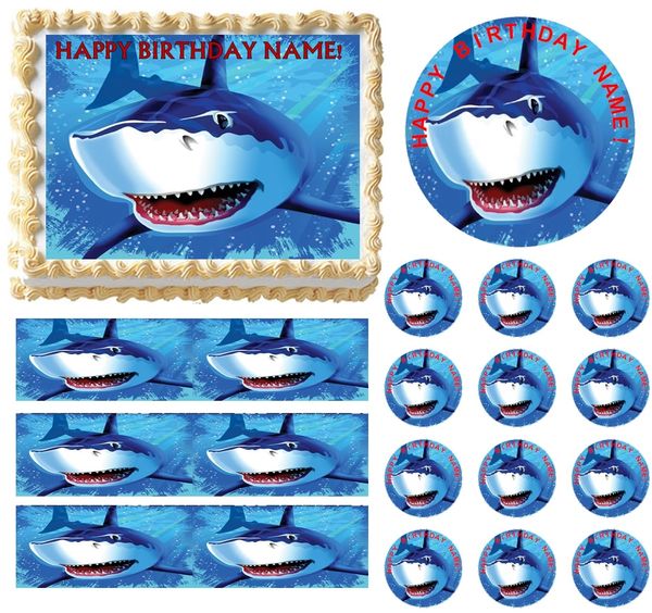 Shark Round Edible Party Cake Image Topper Frosting Icing Sheet 