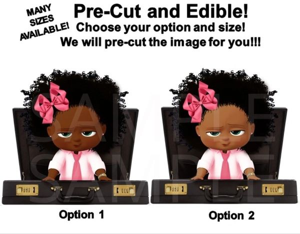 Pink and Black African American Sassy Boss Baby Girl EDIBLE Cake Topper Cupcakes, Boss Girl Briefcase