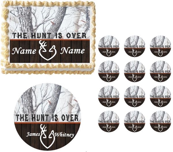 THE HUNT IS OVER Winter Camo Snowy Real Tree Edible Cake Topper Image Frosting Sheet