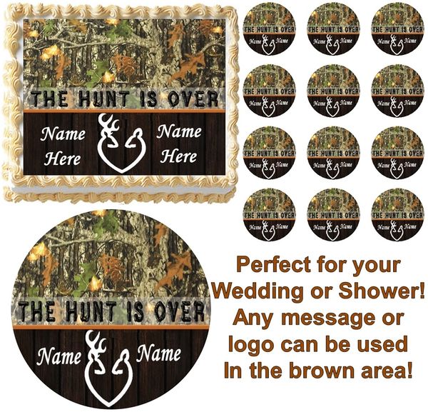 THE HUNT IS OVER Woods Mossy Oak Camo Edible Cake Topper Image Frosting Sheet