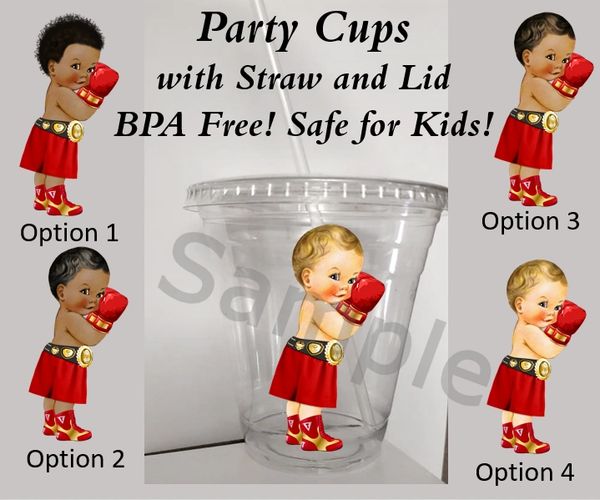 Little Prince Boxer Boy Clear Plastic Cup w/ Straw and Lid, 12oz Cup, BPA Free, Red Gold
