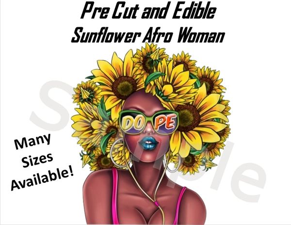 Pre Cut African American Sunflower Afro Woman EDIBLE Cake Cupcake Topper Image, Dope Sunglasses Sunflower Afro